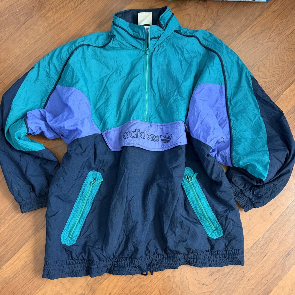 Vintage Adidas Half Zip Windbreaker XL Teal Purple 80s 90s Trefoil Jacket Y2K